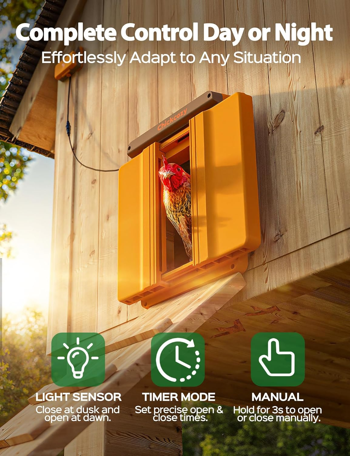 Chickcozy Solar-Powered Automatic Chicken Coop Door, Dual Motor Chicken Coop Door with Light Sensor, Timer & Manual Mode, Automatic Coop Door with Dual Anti-Pinch System, Weatherproof image number 3