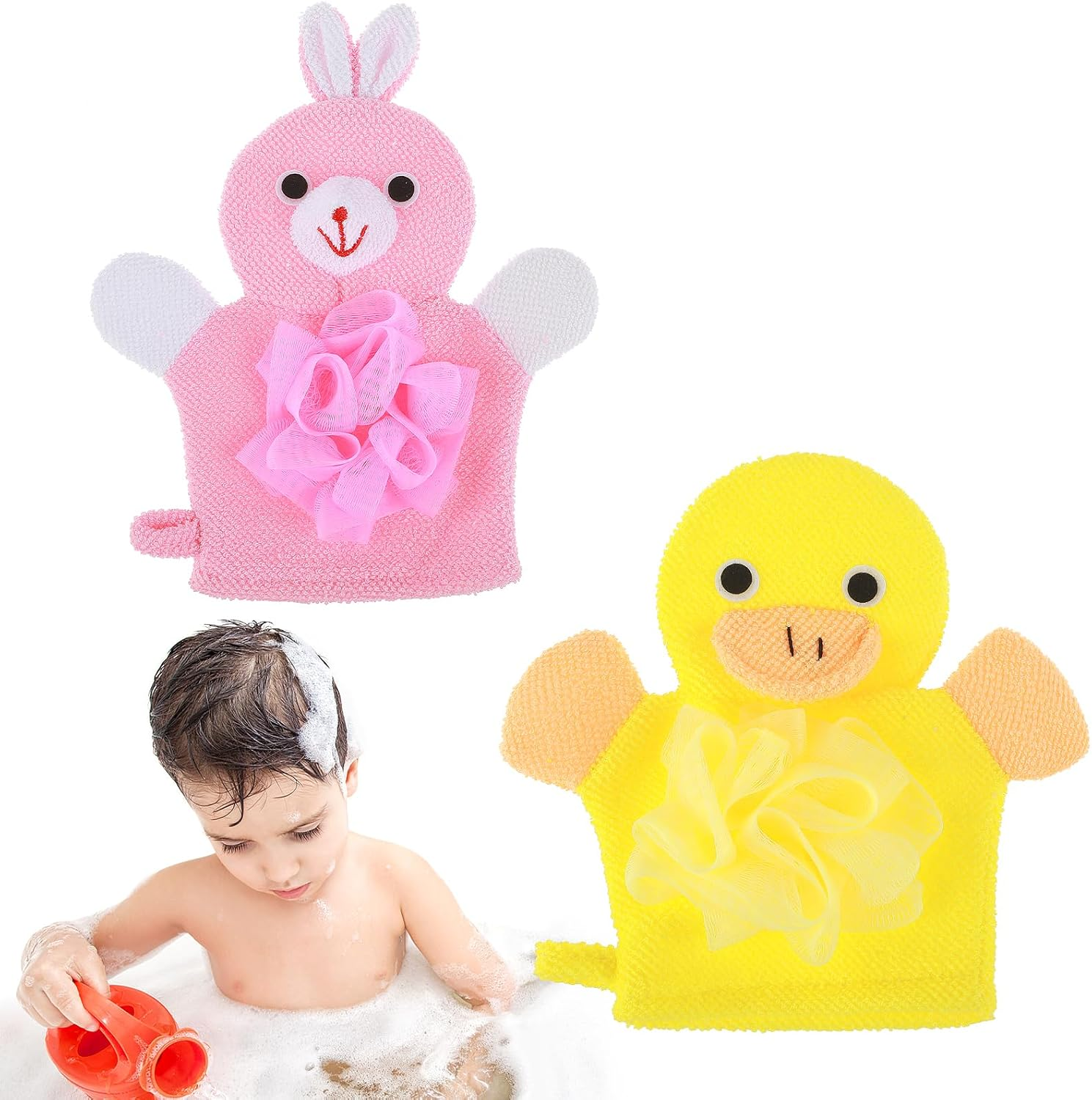 Gjinxi 2 Pcs Bath Mitt Washcloths Gloves, Cute Cartoon Exfoliating Glove Body Scrubber, Gentle Soft Scrub Bath Loofahs Sponges for Kids Shower Washing (Pink Rabbit and Yellow Duck) image number 4
