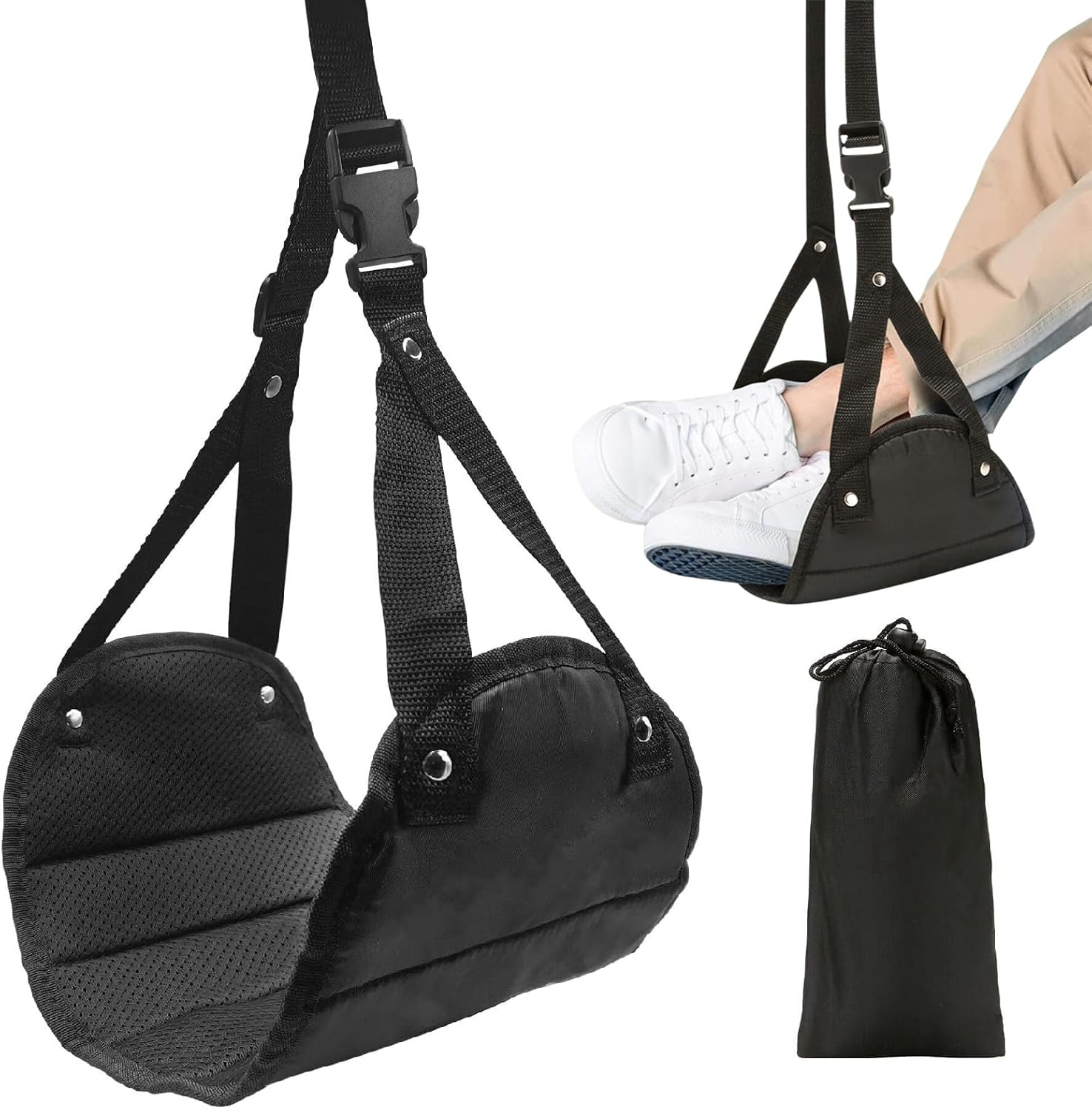 Travel Foot Rest with Height Adjustable Foot Hammock for Travel and Office, Travel Accessories for Portable Foot Hammock for Airplane（Black） image number 5