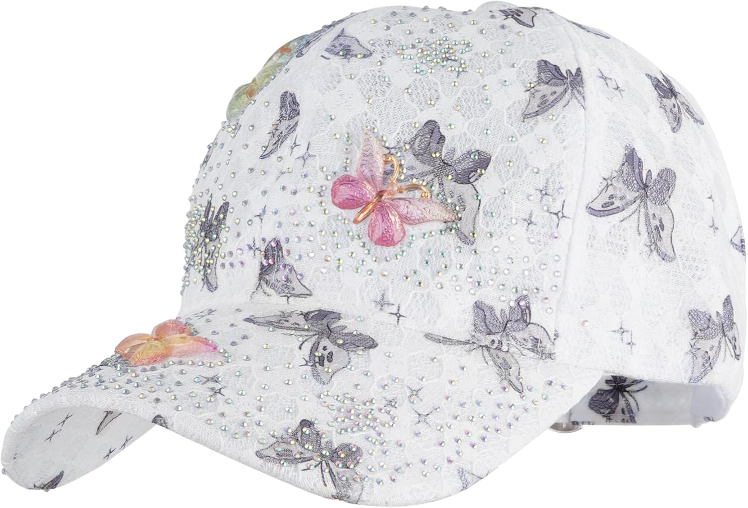 Meliyya Mesh Baseball Cap Rhinestone Butterfly Baseball Cap Summer Sequins Shield Cap Men Women One Size Adjustable - A08228-White image number 7
