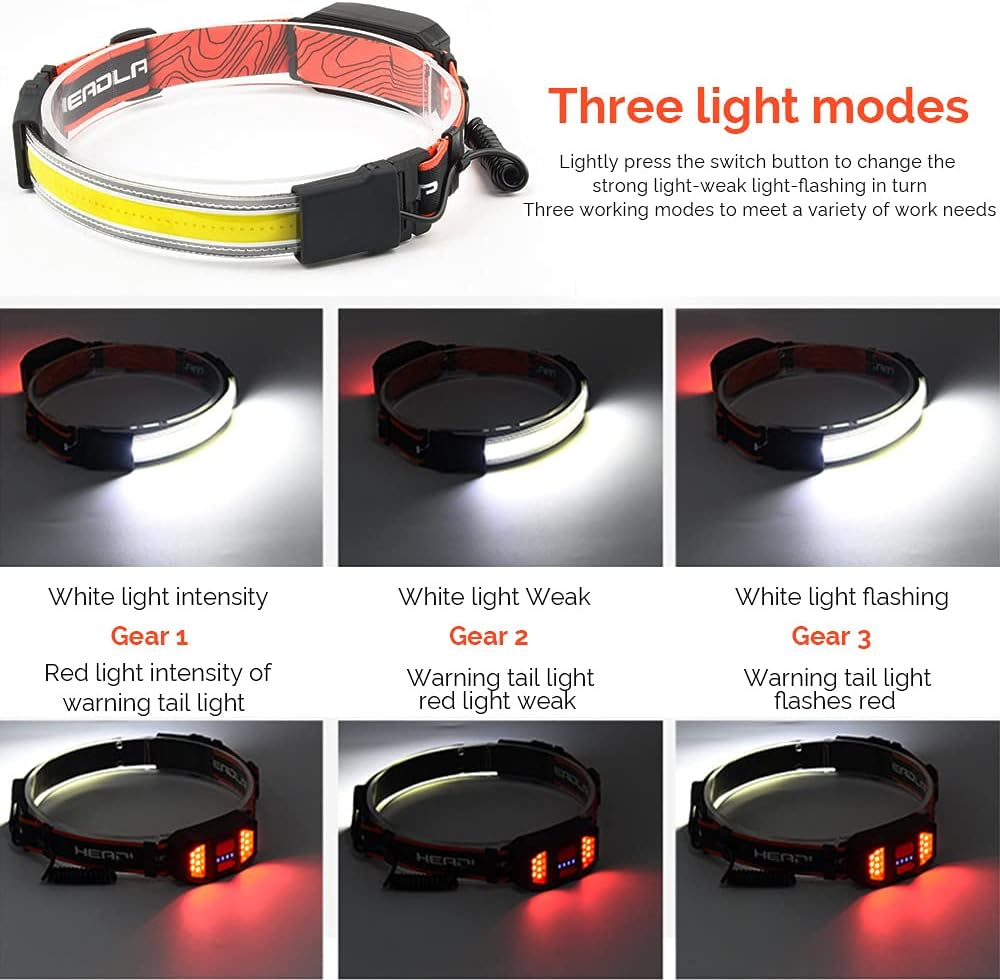 LETOUR LED Headlamp Rechargeable, 1200Lumen Lightweight LED Head Flashlight, 210&deg; Wide Beam Headlight, 3 Modes Waterproof Head Torch with Red Rear Lights for Camping, Running, Jogging, Fishing ﻿ image number 6