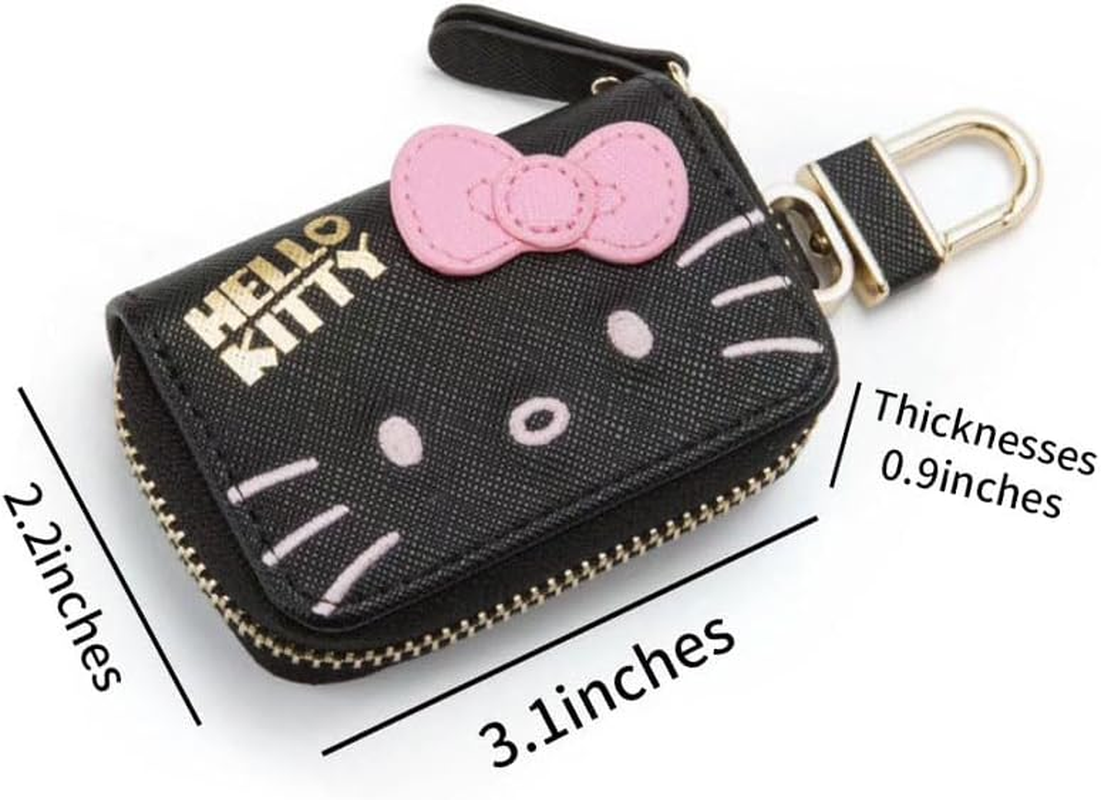 Cute Car Remote Key Case, PU Leather Car Key Holder Ring Box, Metal Hook Zipper Embroidered Bag, for Women and Men - Black image number 3