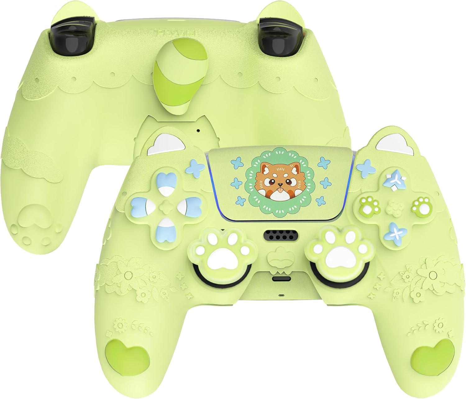 Playvital Cute Spring Lesser Panda Silicone Cover for Ps5 Controller with Joystick Cap and Sticker, Anti-Grip Shockproof Skin, Compatible with Charging Station, Eustoma Green image number 2
