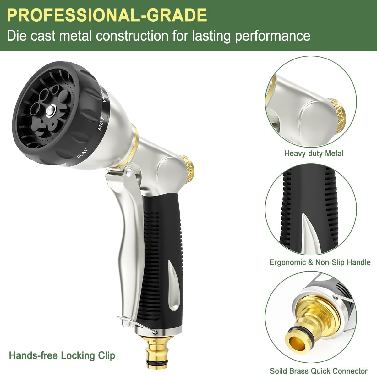 FANHAO Heavy Duty Garden Hose Pipe Spray Gun, 100% Metal Hose Gun with 8 Spray Patterns, High Pressure Hose Nozzle with Non-Slip Grip for Watering Plants & Lawns, Washing Cars & Pets -Black image number 2