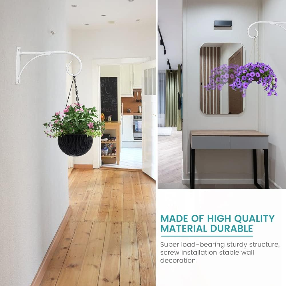 2 Pcs Hanging Basket Holder Flower Hook, Hanging Plant Hooks, Iron Art Garden Wall Hook, Plants Bracket, Outdoor Plants Hanger for Plant Flower Pots Lanterns Bird Feeders (White) - Black image number 4