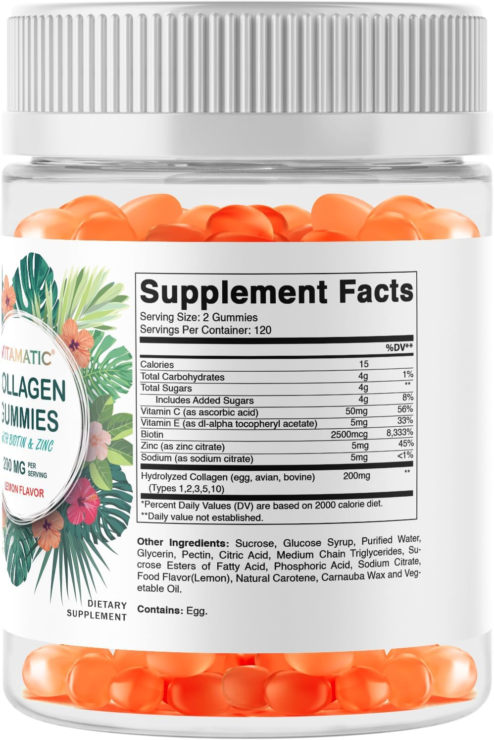 Vitamatic Hydrolyzed Collagen Gummies with Vitamin C, Zinc and Biotin, 200 Mg - Healthy Skin Support - 240 Gummies image number 3