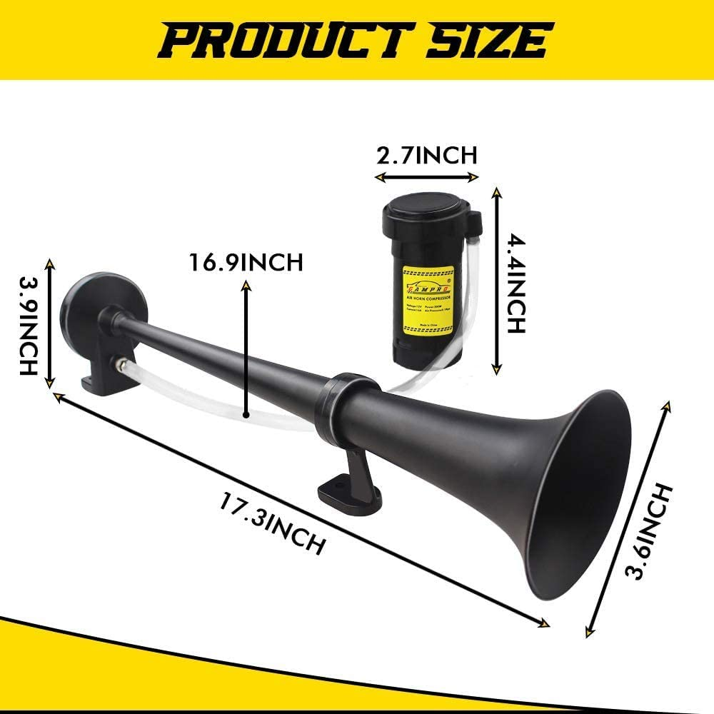 12V 150Db Air Horn, 18 Inches Chrome Zinc Single Trumpet Truck Air Horn with Compressor for Any 12V Vehicles Lorrys Trains Boats Cars (Black)