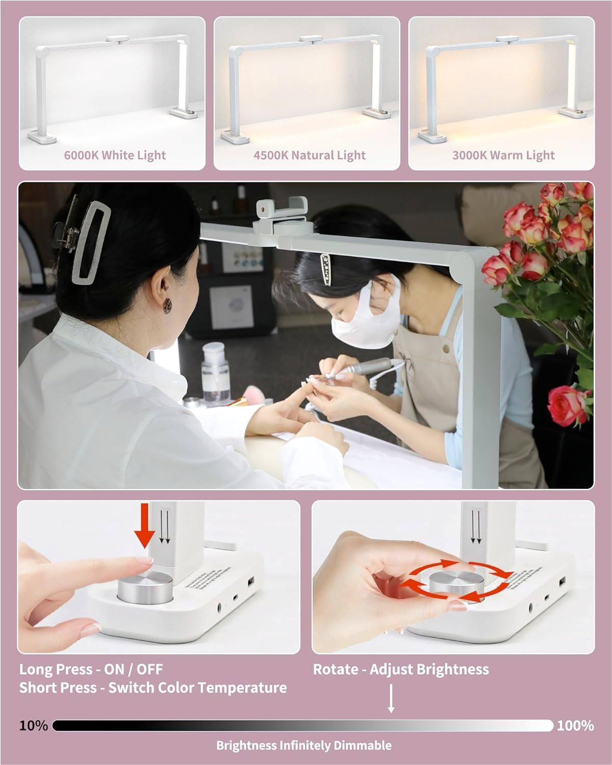 Foldable Nail Lamp for Desk Large Wide Half Moon Light with with 3 Modes 3000-6500K LED - No Glare Craft Desk Light for Manicure Lash Task for Esthetician 33.5'' image number 4