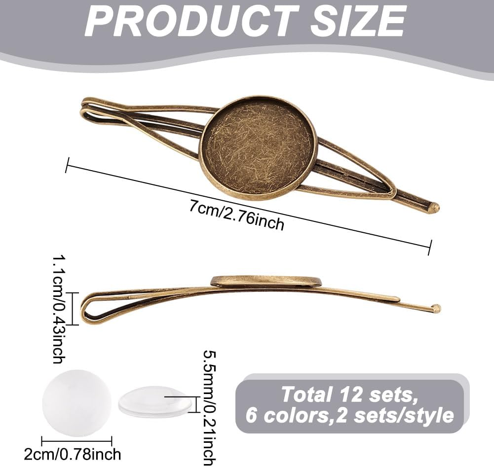 GOMAKERER Pack of 12 Hair Clips with Blank round Shelf Hair Pins Made of Brass 6 Colours with 12 Pieces 19.5 Mm Transparent Cabochons Blank Hairpin Setting for DIY Pictures Photos Curved Cameo image number 5