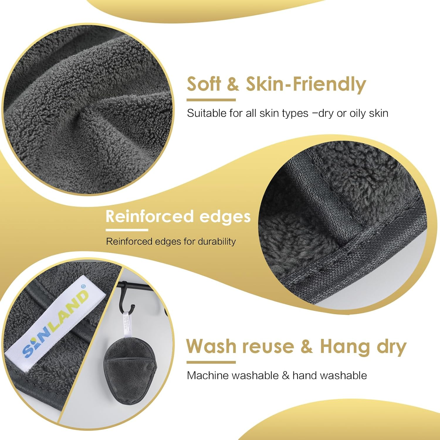 SINLAND 6 Pack Microfiber Makeup Remover Pads Reusable Makeup Eraser Washable Facial Cleansing Pads with Laundry Bag Dark Grey image number 5