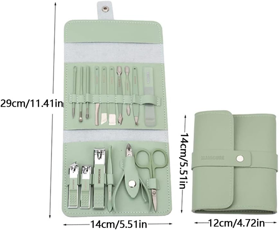 Set of 16 Manicure Pedicure Set Stainless Steel Nail Clippers Kit Portable Nail Trimming Set and Grooming Tools with Storage Bag, Green - Green image number 6