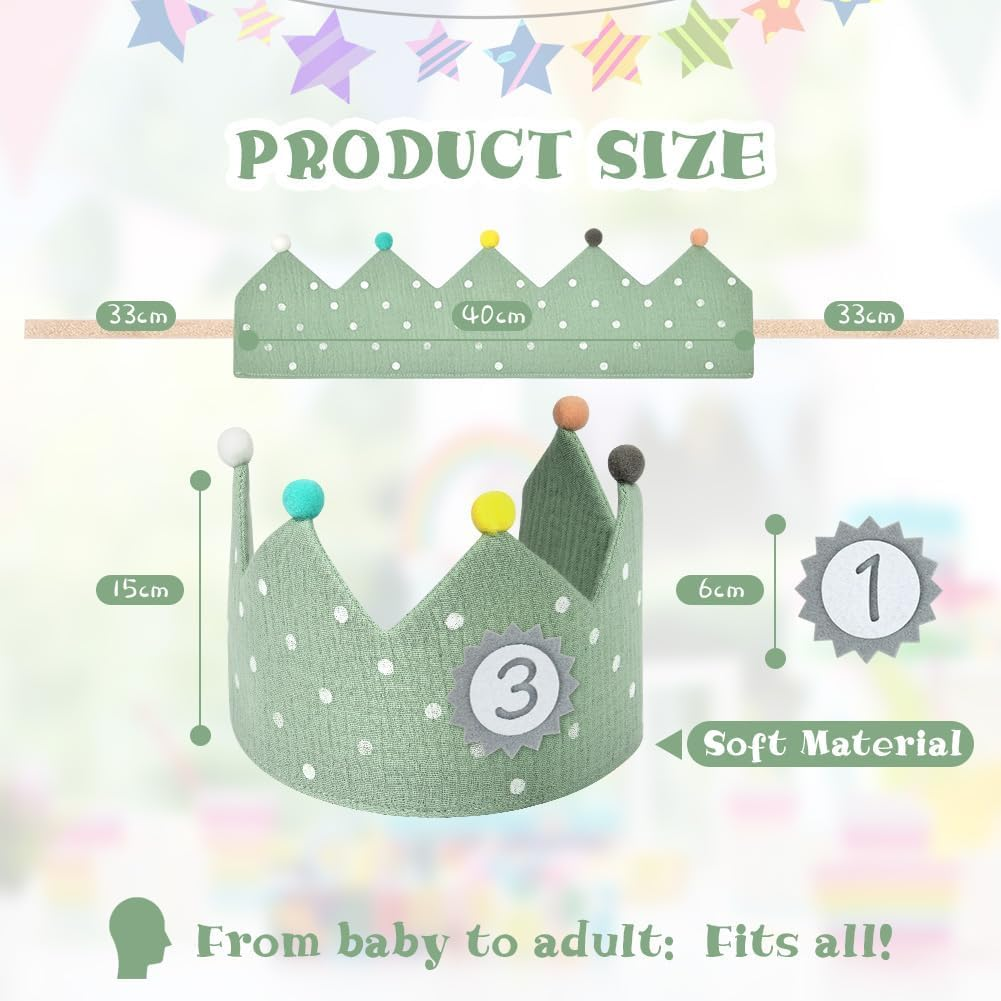 Children'S Birthday Crown with Numbers, Fabric Birthday Crown for Boys Girls with Interchangeable Numbers from 0-9, Reusable Kids Toddler Birth Hat, Birthday Party Decorations (Green)