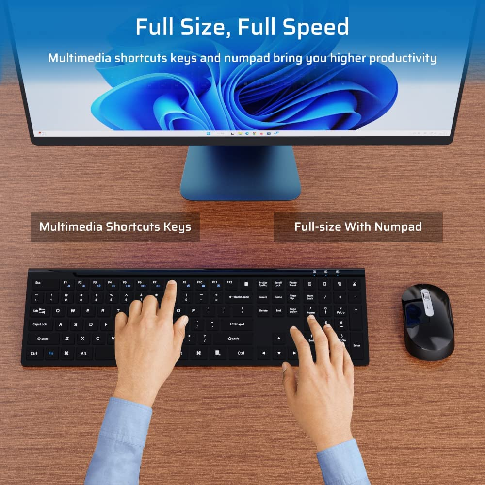 Rechargeable Wireless Keyboard and Mouse Combo,Ergonomic Full Size Design Wireless Keyboard with Number Pad Wireless Keyboard and Mouse for MAC Windows Black image number 4