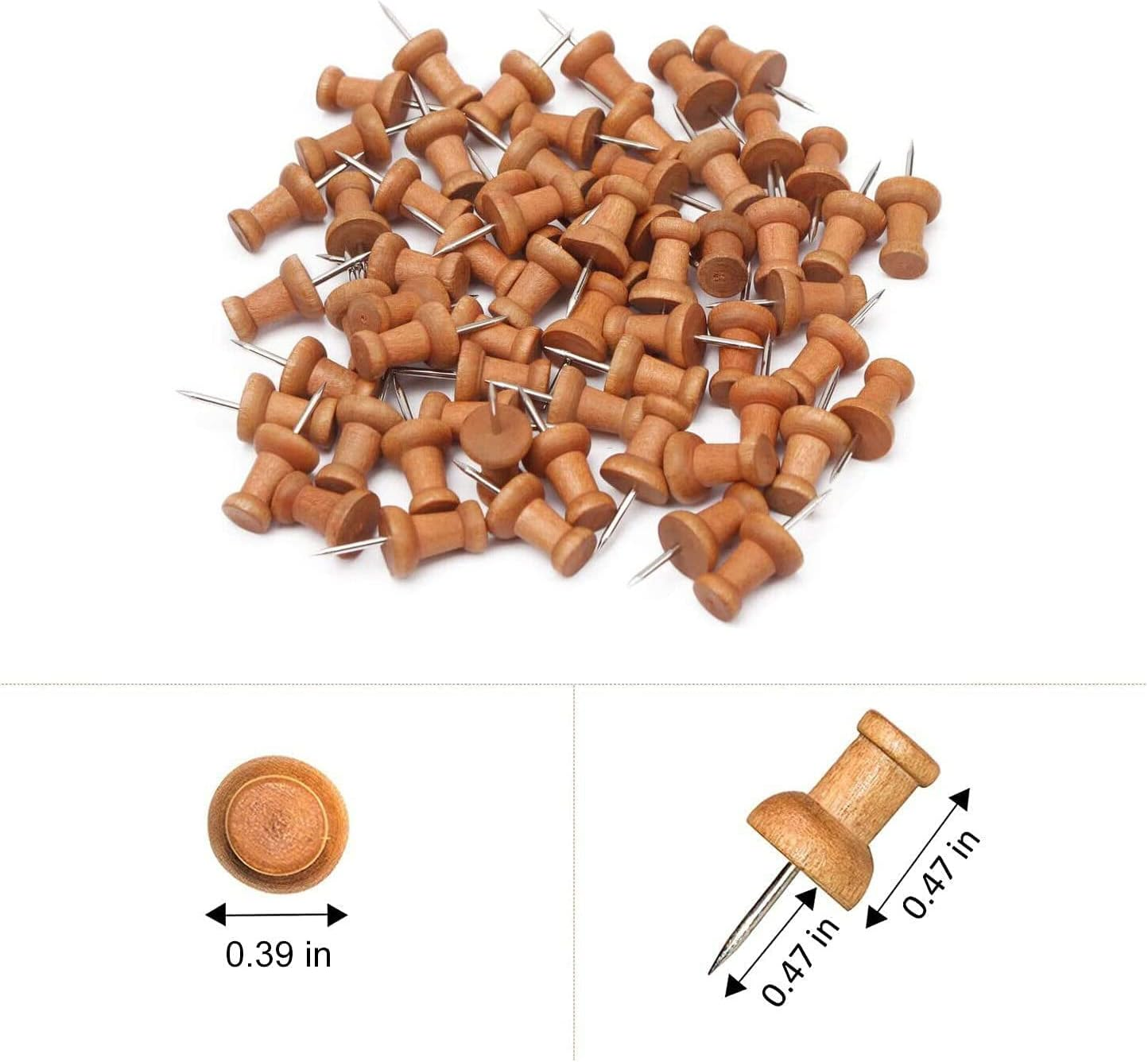 WATELL 50 Pcs Wooden Modern Brown Push Pins for Pinboard, Office, School Use, Rustproof, Heavy Duty, Thumb Tacks image number 1