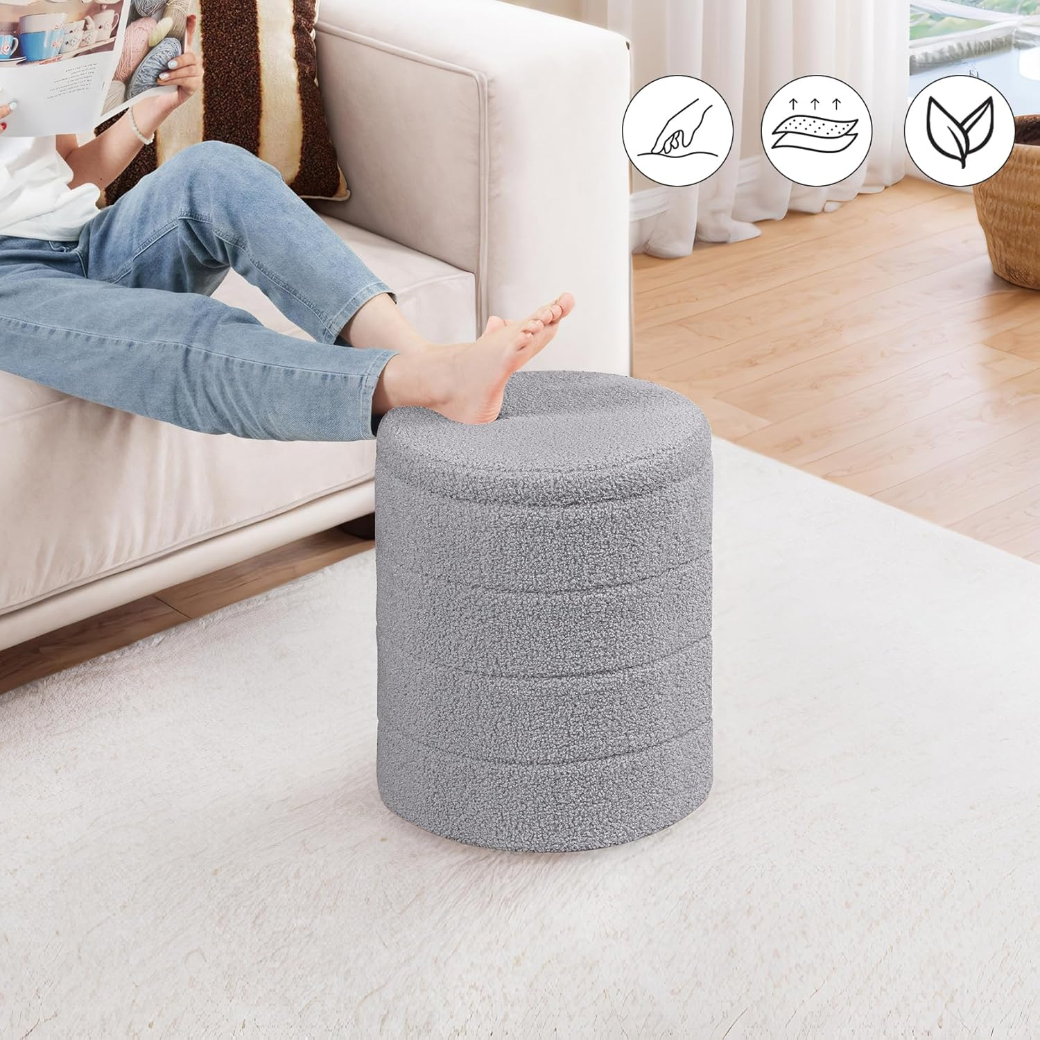 PINPLUS round Storage Ottoman, Foldable Sherpa Ottoman Footstool Storage with Coffee Table for Living Room, Bedroom, Dorm (Dark Grey) 14.6"X14.6"X17.7"