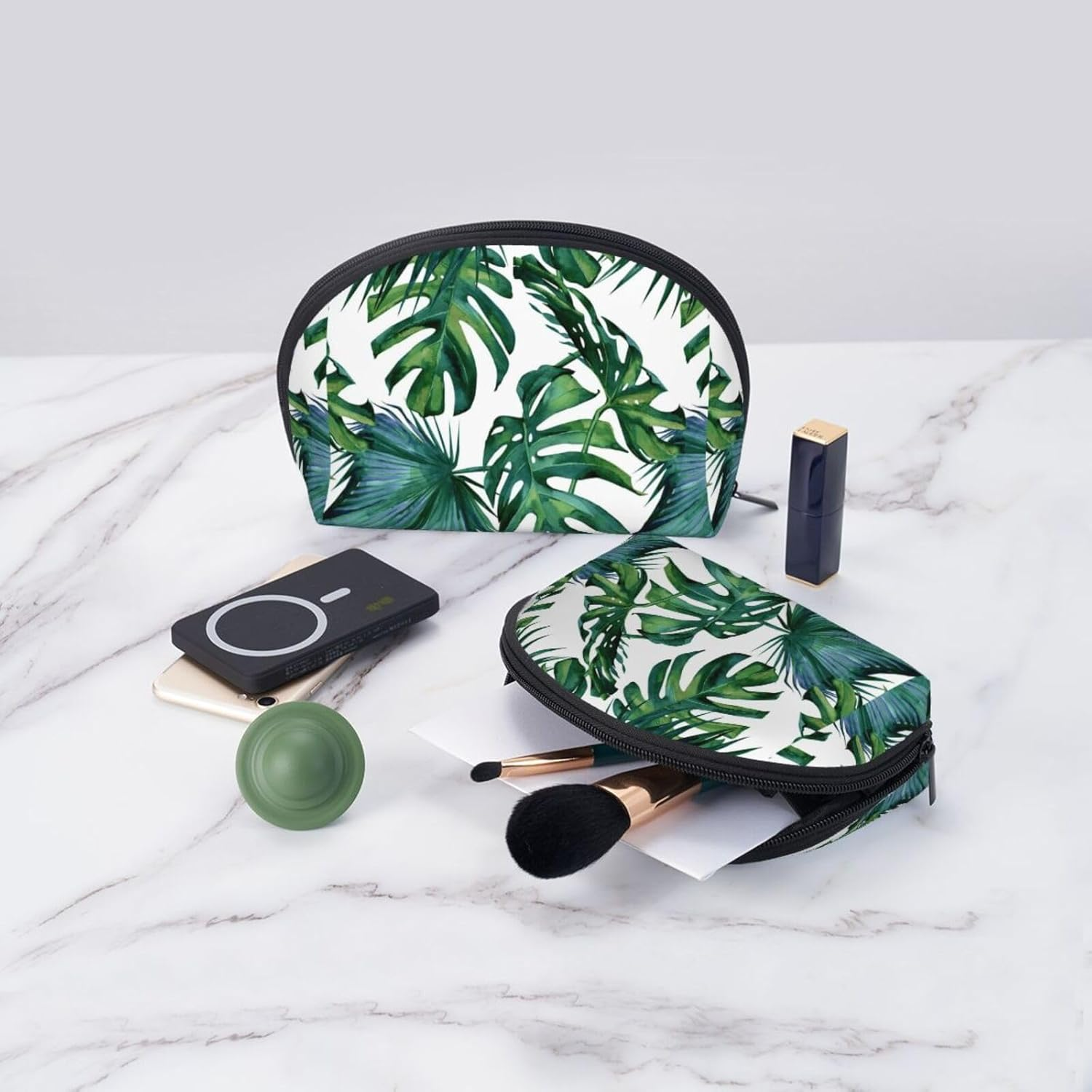 Cozimangoe Coin Pouch Makeup Bags Set, 2 Piece Shell Shape Cosmetic Bag with Pockets for Daily Travel Handbag Lipstick Keys Toiletry, Personalized Tropical Palm Leaves 1 image number 2