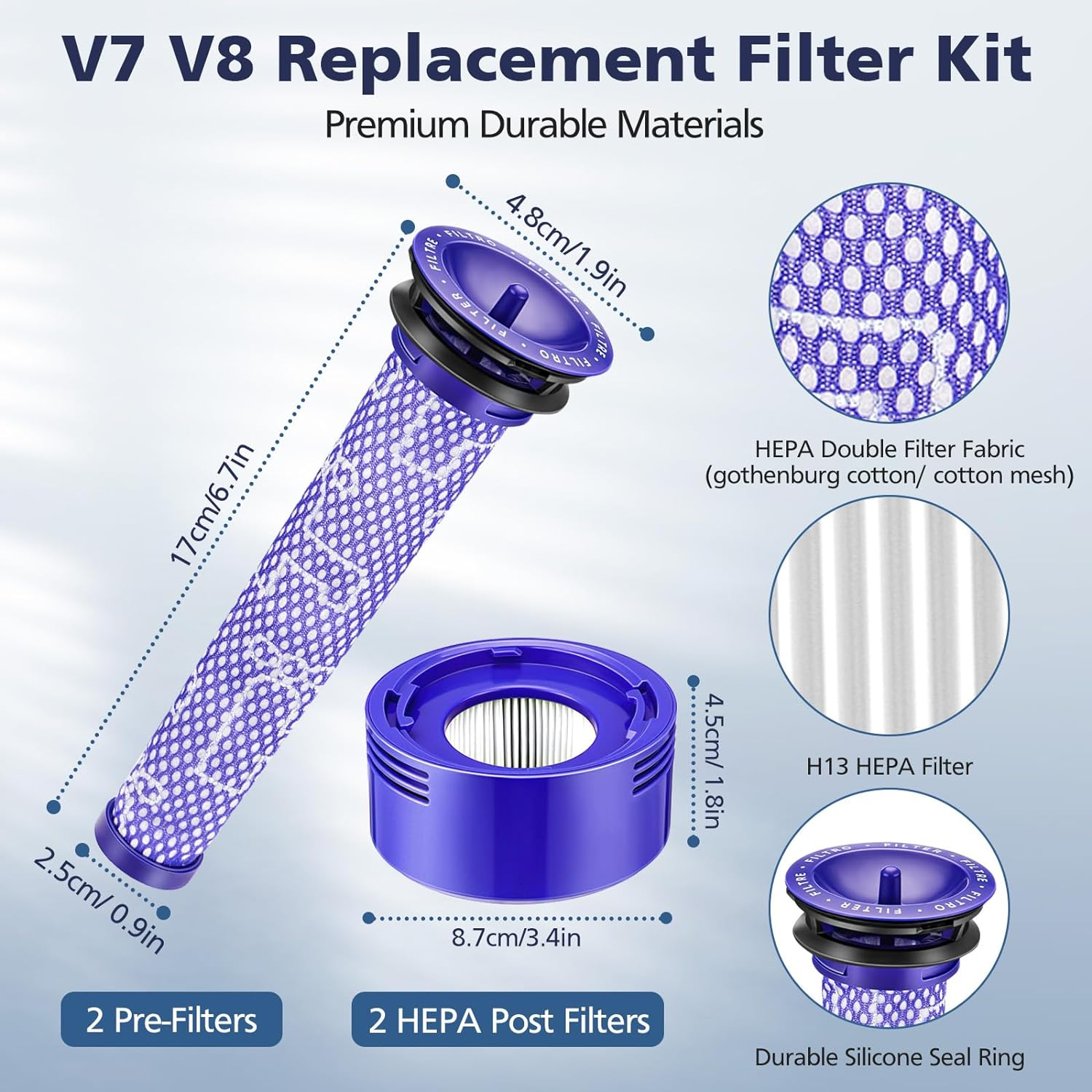 4 Pack Vacuum Filter Replacement Kit Compatible with Dyson V7, V8 Animal and V8 Absolute Cordless Vacuum, 2 Post Filters, 2 Pre Filters, Replaces Part # 965661-01 & 967478-01