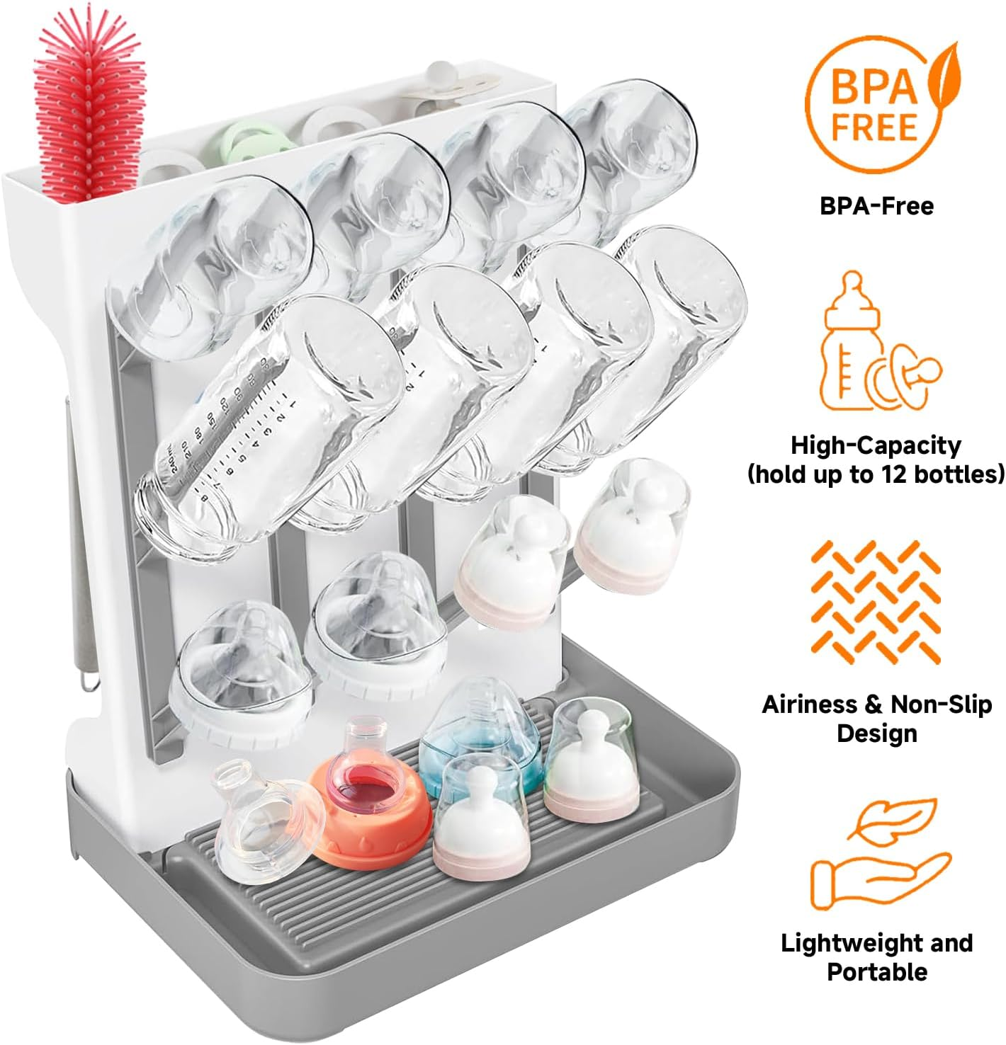 Sluxjet Baby Bottle Drying Rack, Space Saving Vertical Baby Bottle Storage Travel Bottle Brush and Large Capacity Drying Rack for Countertop Kitchen Organize Bottles and Baby Accessories, Gray
