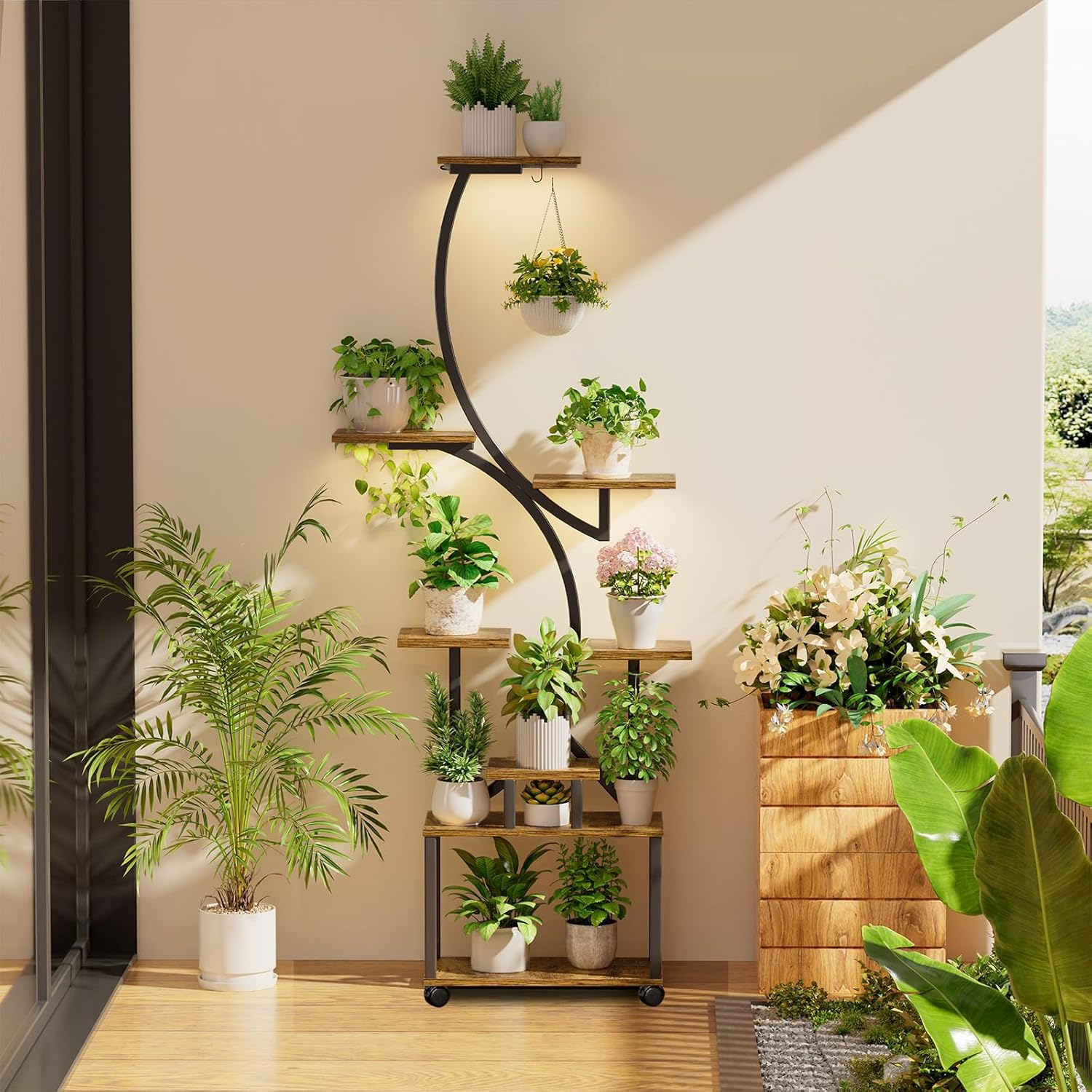 157Cm Plant Stand Indoor, 8-Tiered Indoor Plant Shelf with Grow Lights Can Hold a Variety of Indoor Plants, S-Shaped Plant Stand Display Stand, Suitable for Bedroom, Terrace, Living Room,