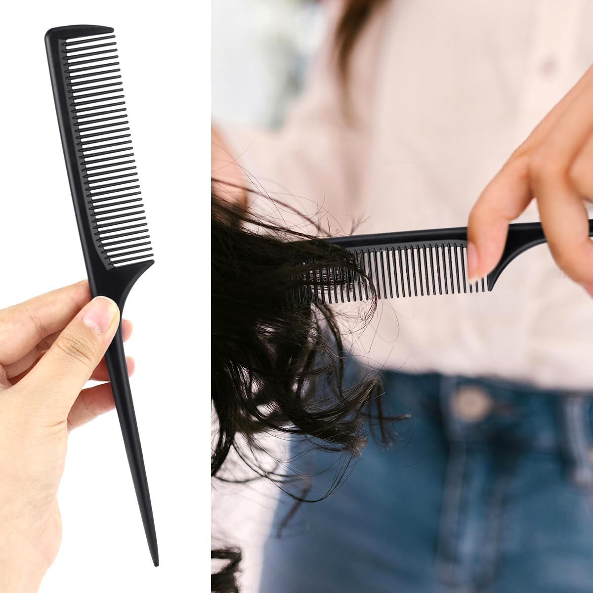 2 Pack Rat Tail Comb for Root Teasing, Black Fine Tooth Teasing Comb for Sectioning, Parting, Styling Hair image number 4