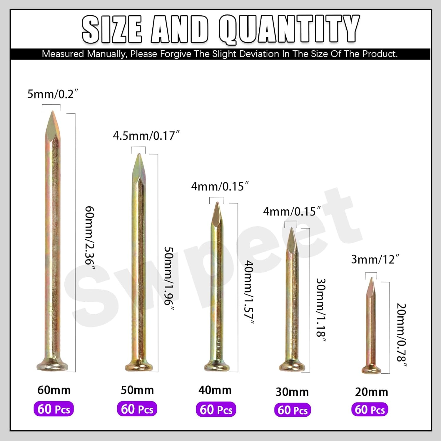 Swpeet 300Pcs 5 Sizes 3/4" 1-1/4" 1-3/5" 2" 2-3/8" Colored Zinc Hardware Nails Assortment Kit，Steel Nail, Galvanized Nails, Small Nails, Finishing Nails, Wall Nails, Wood Nails, Nails for Concrete image number 5