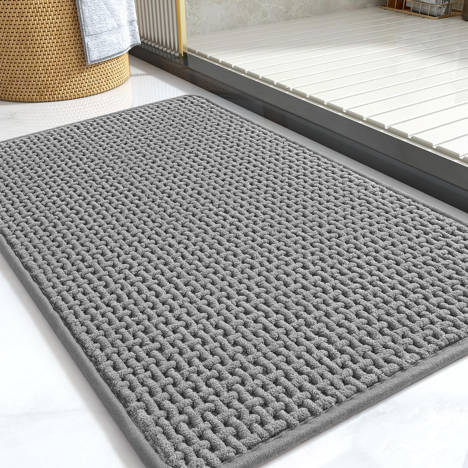 YUTA Chenille Bathroom Mat Rubber Backing Bathroom Rugs Non Slip-Super Absorbent Bath Mats for Bathroom Floor, Shower, Sink, Vanity, 60X90Cm White