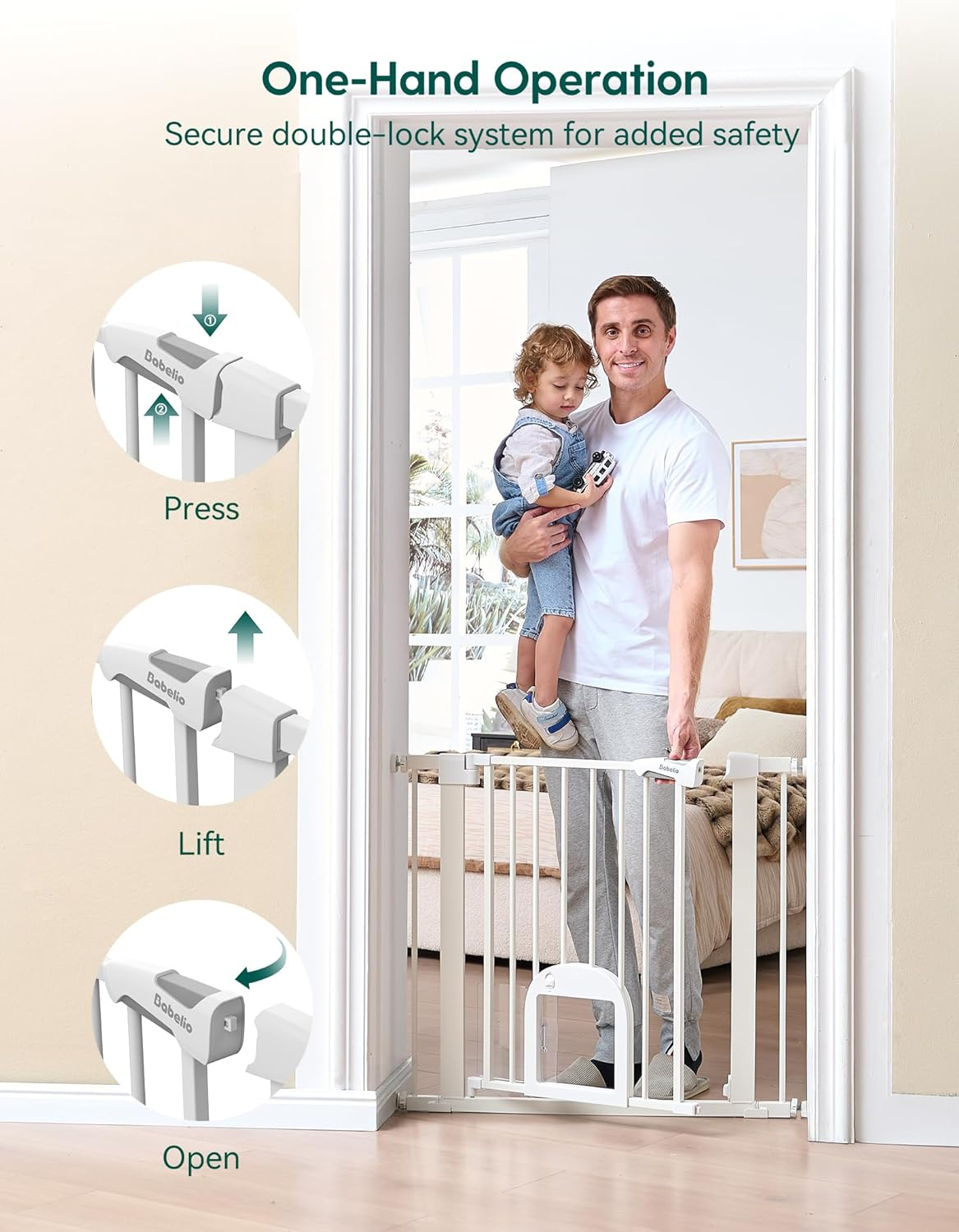 Babelio Upgraded Baby Gate with Cat Door, 73.7-109 CM Auto Close Durable Dog Gate for Stairs, Doorways and House, Easy Walk Thru Safety Gate with Pet Door Includes 4 Wall Cups, White image number 5