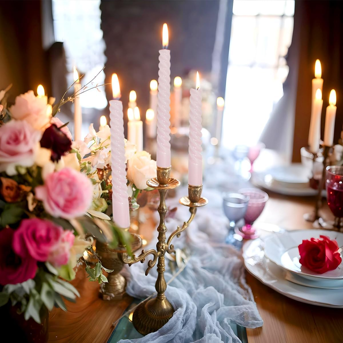 6 Pack 10 Inch Pale Pink Spiral Taper Candles for Holiday Home Decoration, Unscented Dripless Twisted Candlesticks for Dinner Party Wedding Baby Shower and Easter image number 1