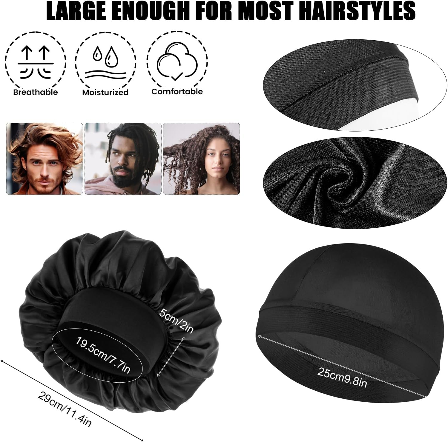Wanmu Silk Bonnet with Wave Caps, Soft Satin Hair Bonnets & Compression Cap, Elastic Band Sleep Hat for Sleeping Men Women Natural Curly Hair (Black) image number 1