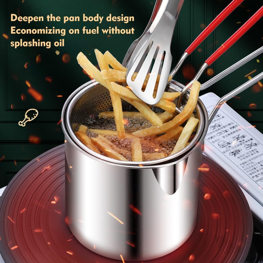 304 Stainless Steel Deep Fryer Pot with Basket, Stove Top Deep Fryer with Easy Grip Handle and Lid, Food Tong, Large Capacity Oil Strainer Pot for Frying Fish Shrimp Fries Chicken