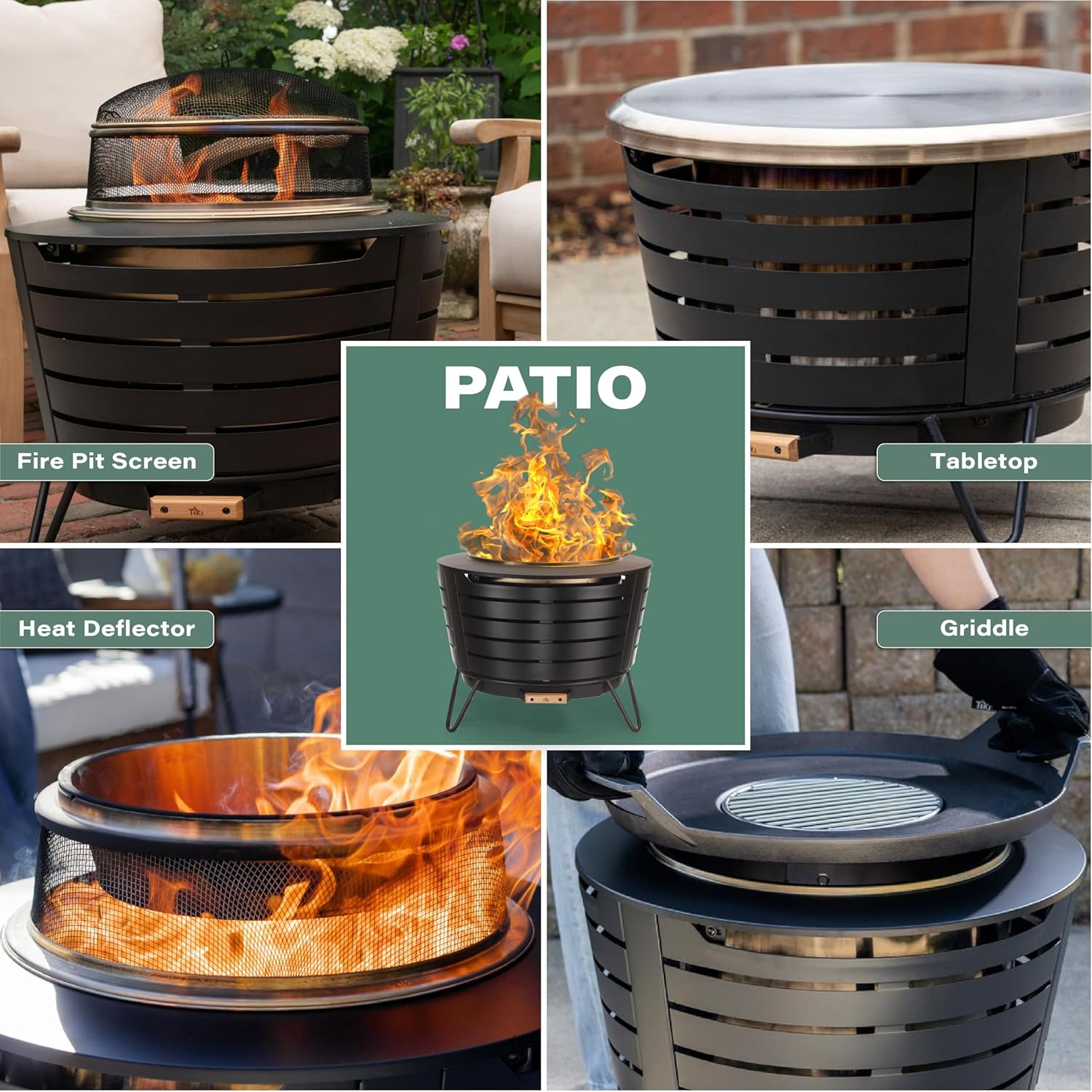 TIKI Patio Fire Pit Bundle &ndash; 25-Inch Smokeless Wood Burning Outdoor Fire Pit for Backyard, Patio, Deck & Garden with Removable Ash Pan, Stand & Weather-Resistant Cover &ndash; Modern Black Stainless Steel