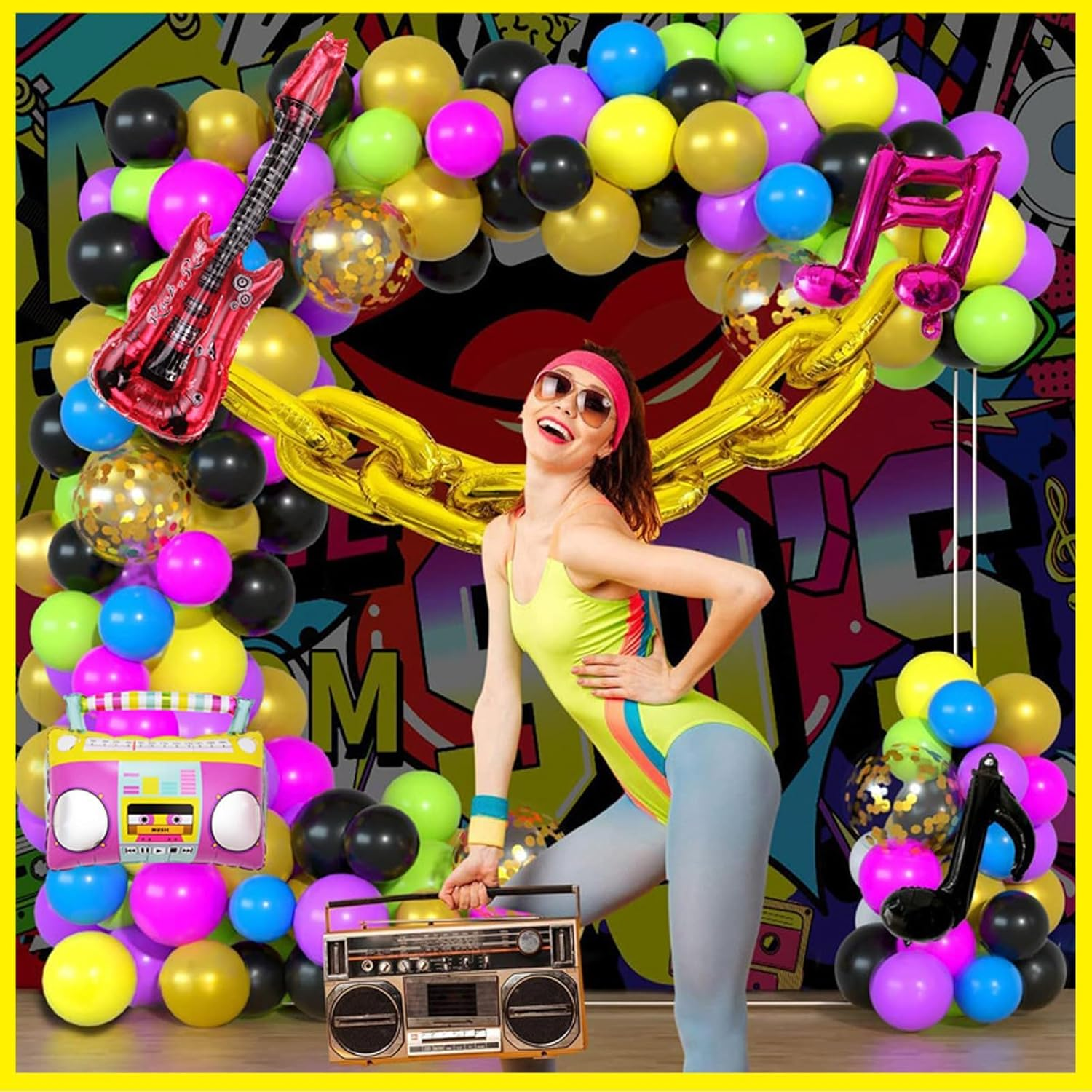 Kuskins 80S 90S Balloon Garland Arch Kit, 111Pcs Retro Music Themed Party Decorations, Radio Boom Box & Foil Balloons for 80S 90S Hip Hop Birthday, Balloon Arch Kit, Nostalgic Theme Party Supplies image number 3