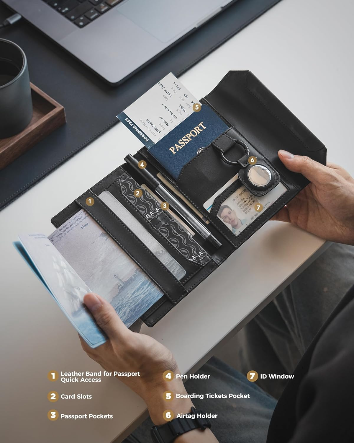 VULKIT Passport Card Holder, Vegan Leather Passport Wallet, RFID Blocking, Travel Essential, Magnetic Closure, Detachable Airtag Holder, Black - Blue image number 2