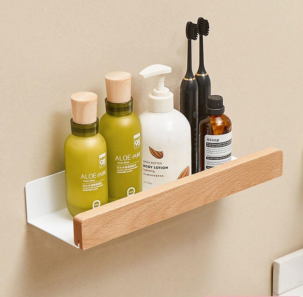 Wall Mounted Floating Metal Shelf Ledge, White Bathroom Shelf Wall Mount Shelf Decorate with Solid Wood Edges Space Saving Rustproof Extra Strong Floating Shelves Storage Shelf (20 Cm)