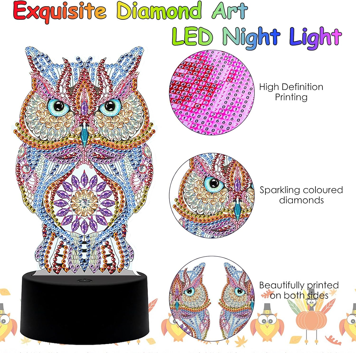 Arts and Crafts Toys for Girls Kids：Make Your Own GEM Led Colourful Night Light，3D Diamond Art Painting for 5-10 Years Old Boys Women Birthday Xmas Gift, Owl image number 3