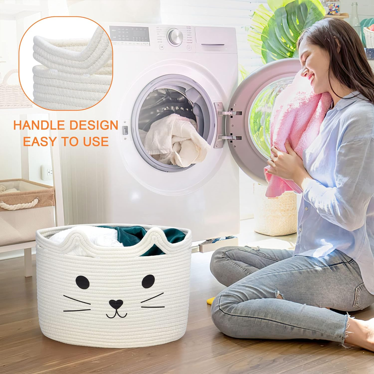 Toy Storage Basket, Kids Laundry Basket Foldable, Baby Hamper Woven Rope Basket for Nursery Cat Decor Bedroom, Toy Storage Box for Boys Girls Dog Cat(Cat,L) image number 2