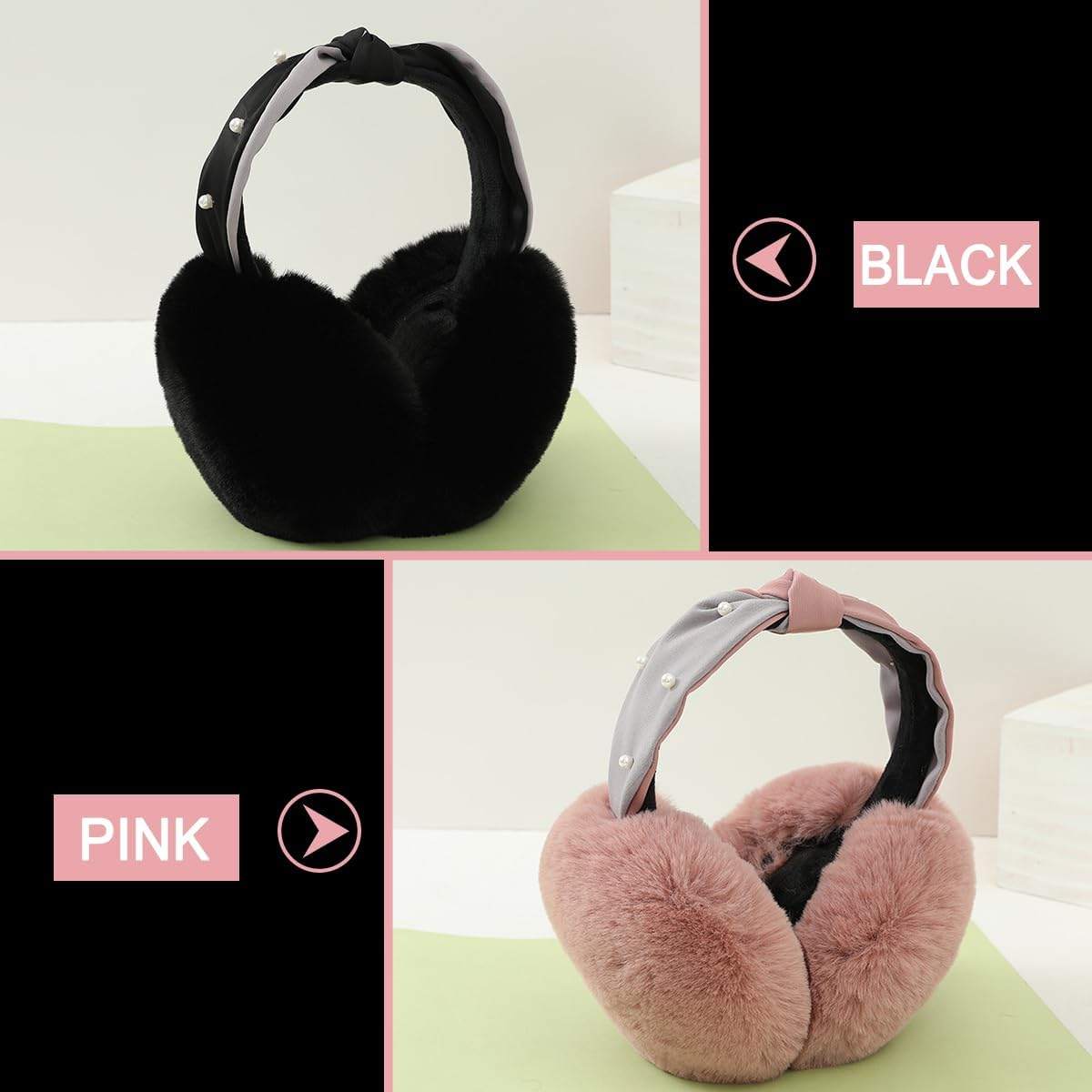 Winter Earmuff,Keep Ear Warm,Folding Warm Pearl Ear Muffs, Fluffy Earmuffs for Girls Women Outdoor (Black) image number 4