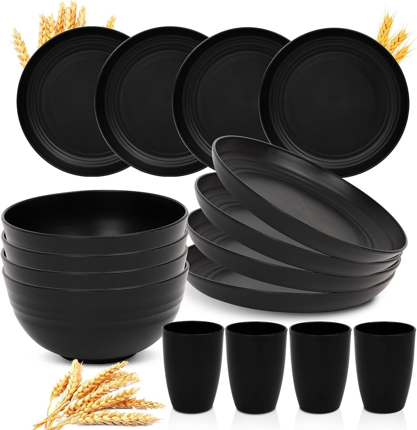 16PCS Wheat Straw Dinnerware Sets, Camping Utensils Reusable Tableware Set BPA Free, Unbreakable Plates, Bowls, Cups, for Kitchen Outdoor Camping Party Home,Microwave Dishwasher Safe-Black image number 2