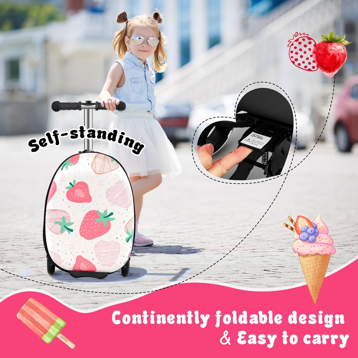 Costway 2-In-1 Ride on Scooter Suitcase, 19" Kids Travel Luggage with Waterproof EVA Shell & LED Flashing Wheels, Folding Scooter with Retractable Steering Handle for Boys & Girls image number 4