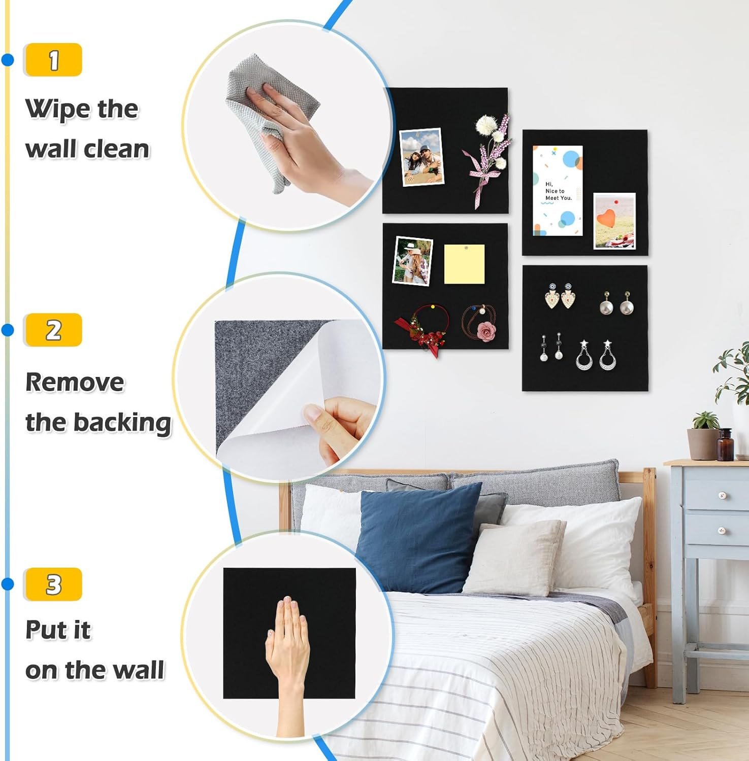 Large Cork Board Alternative, 4 Pack 12&rdquo; X 12&rdquo; Self Adhesive Felt Bulletin Board Wall Panels, Pin Board, Felt Wall Tiles for Home, Office with 40 Push Pins(Black) - 5 Pack-Black image number 7