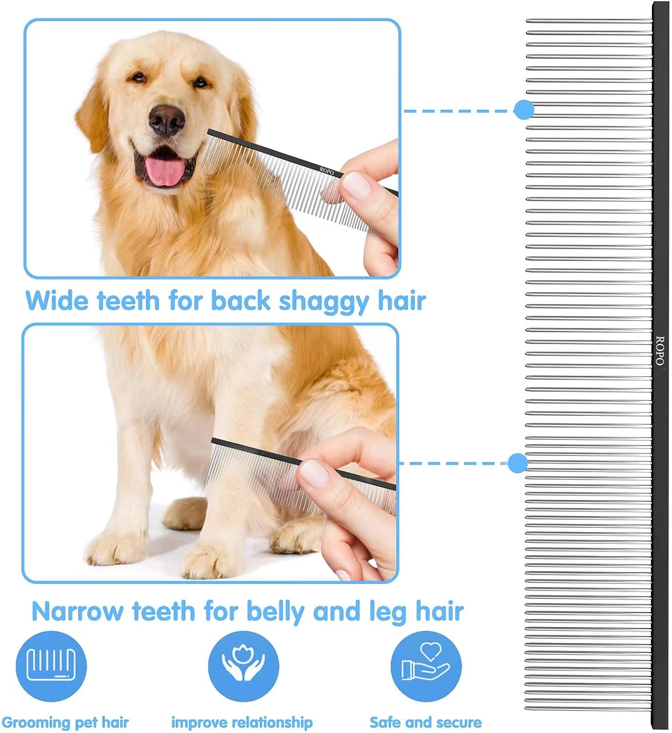 ROPO Pet Steel Combs Dog Cat Comb Tool for Removing Matted Fur - Pet Dematting Comb with Rounded Teeth and Non-Slip Grip Handle - Prevents Knots and Mats for Long and Short Haired Pets image number 3