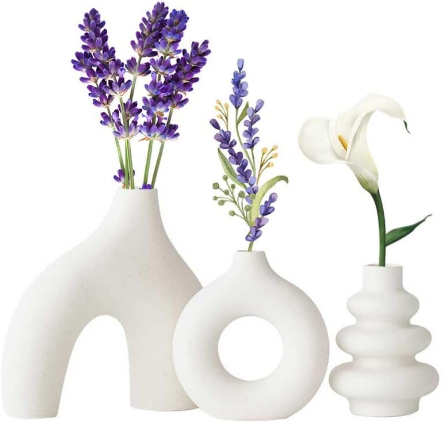 White Ceramic Vase Set of 3,Minimalist Nordic,Whiter Ceramic Hollow Donut Vase Decor,Modern Boho Vases for Decor,Round White Vases Centerpieces for Living Room Bedroom Coffee Table Dinner Table