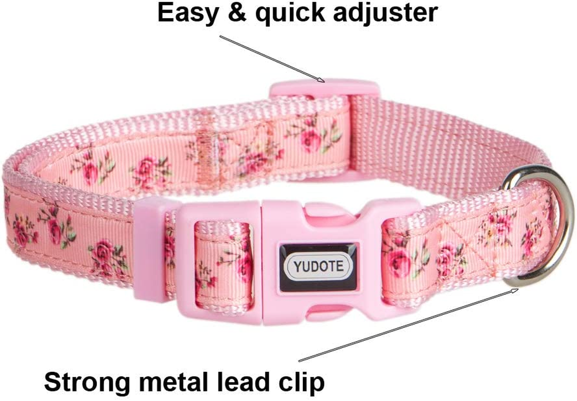 YUDOTE Floral Dog Collar and Lead Set Medium,Strong Pink Nylon Collar and Leash Combo for Active Female Dogs Daily Use,Floral Pink image number 1
