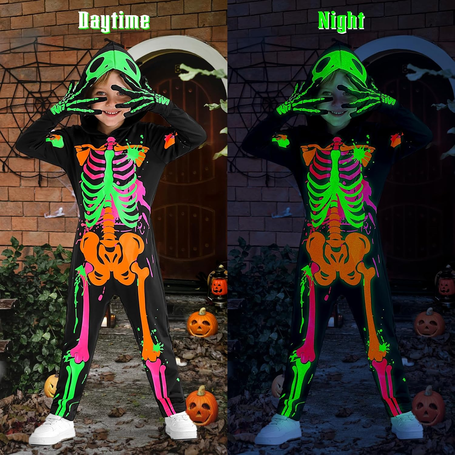 Weixinbuy Kids Halloween Skeleton Costumes Toddler Luminous Scary Skull Bones Jumpsuit Glow in the Dark Outfit for Child Baby image number 3