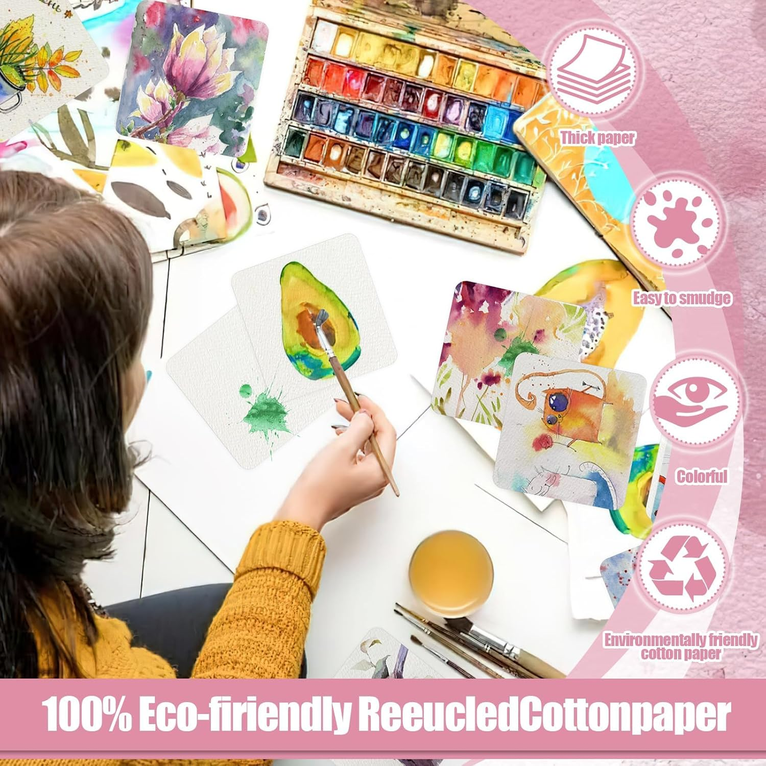 Watercolor Paper, 100 Pcs Watercolor Paper Pad, Watercolor Paper Bulk for Students, Adults, Artists, Sketch Painting (3.9 X 3.9 Inch) image number 1