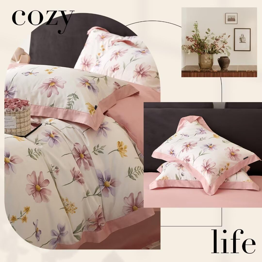 MKXI Garden Floral Duvet Cover Pink Princess Bedding White Aesthetic Duvet Cover Rustic Flowers Print Full Size Charming Floral Comforter Cover Pink and White 100% Cotton image number 3