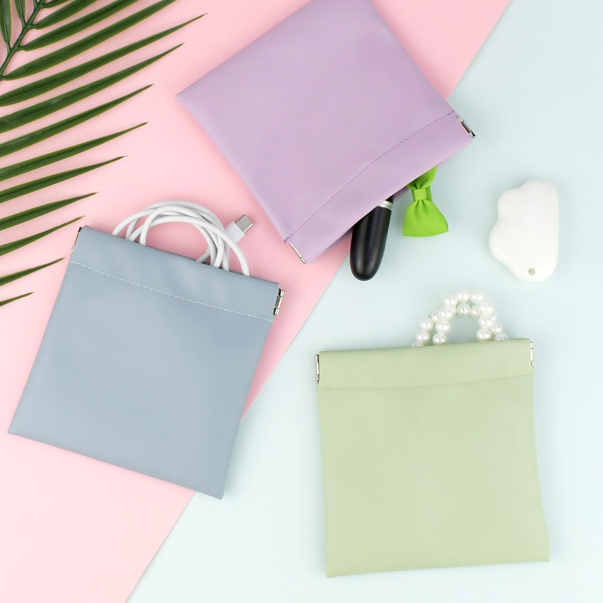 4 Pcs Cosmetic Bag Snap Closure Leather Organizer Pouch Small Makeup Bag for Purse Self-Closing Pocket Cosmetics Bags for Women Portable Waterproof Mini Travel Storage Pouch for Jewelry Squeeze Top image number 5