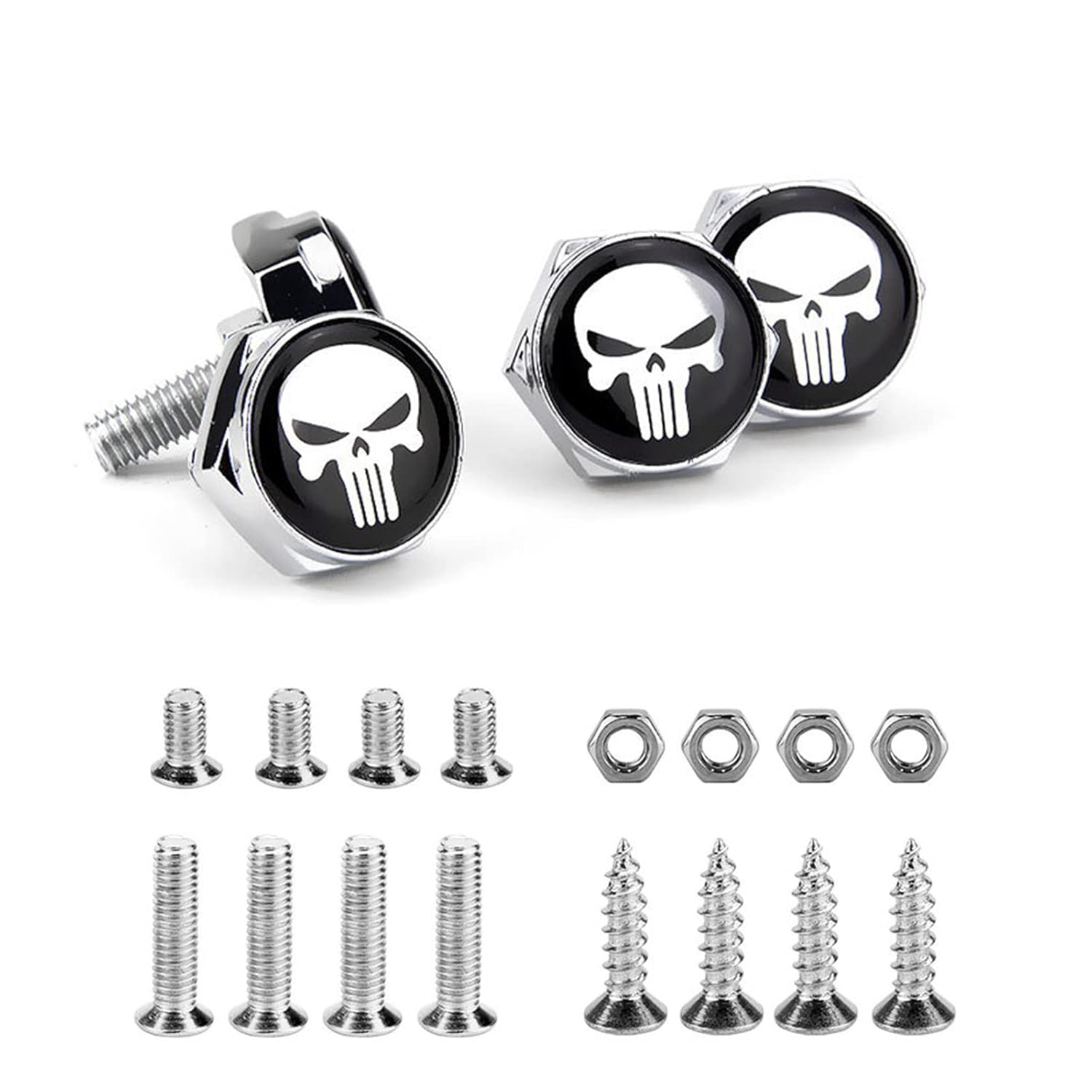 Pack-4 License Plate Screws Fastener Kit, White Skull Aluminum Alloy Car anti Theft Screw Caps, License Plate Frame Decorative Bolts for Car Truck Motorcycle SUV (Silver) - Silver image number 3