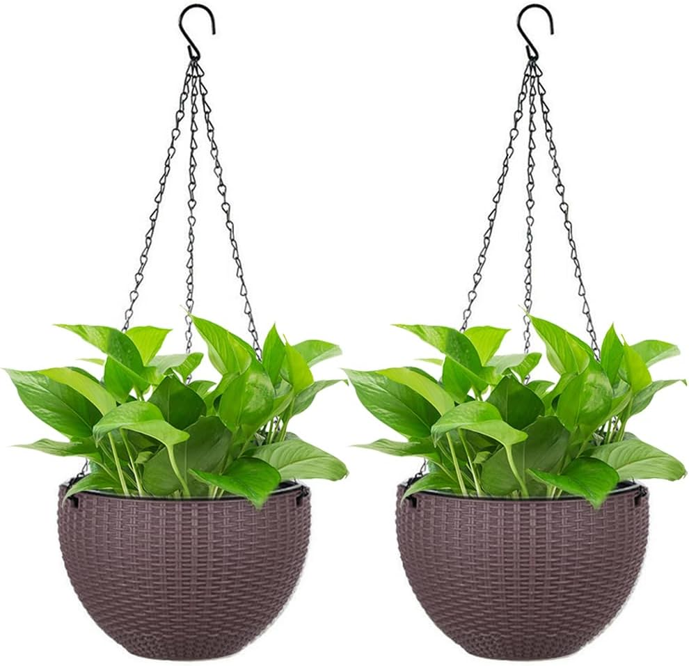 Springup 2 Pack 8.3 Inch Hanging Planters for Indoor Outdoor Plants, Trendy Rattan Design Hanging Flower Pots with Drain Holes, Plant Containers for Garden,Home Decoration,Gift (White)
