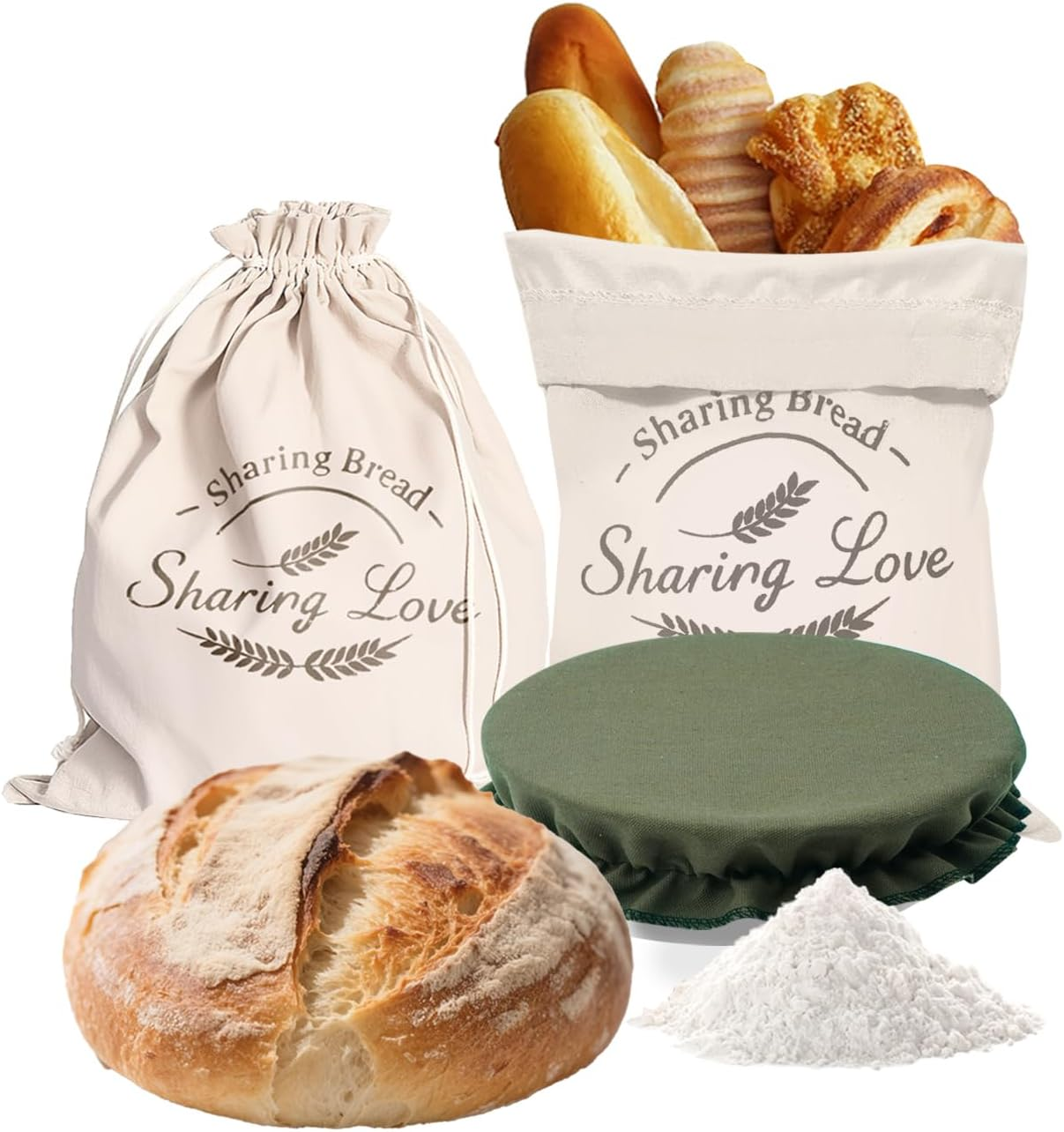 [2Pack+1] Bread Bags for Homemade Bread with Proofing Bowl Cover - Reusable Linen Sourdough Bread Storage Bag to Keep Sourdough Fresh, Easy to Clean image number 5
